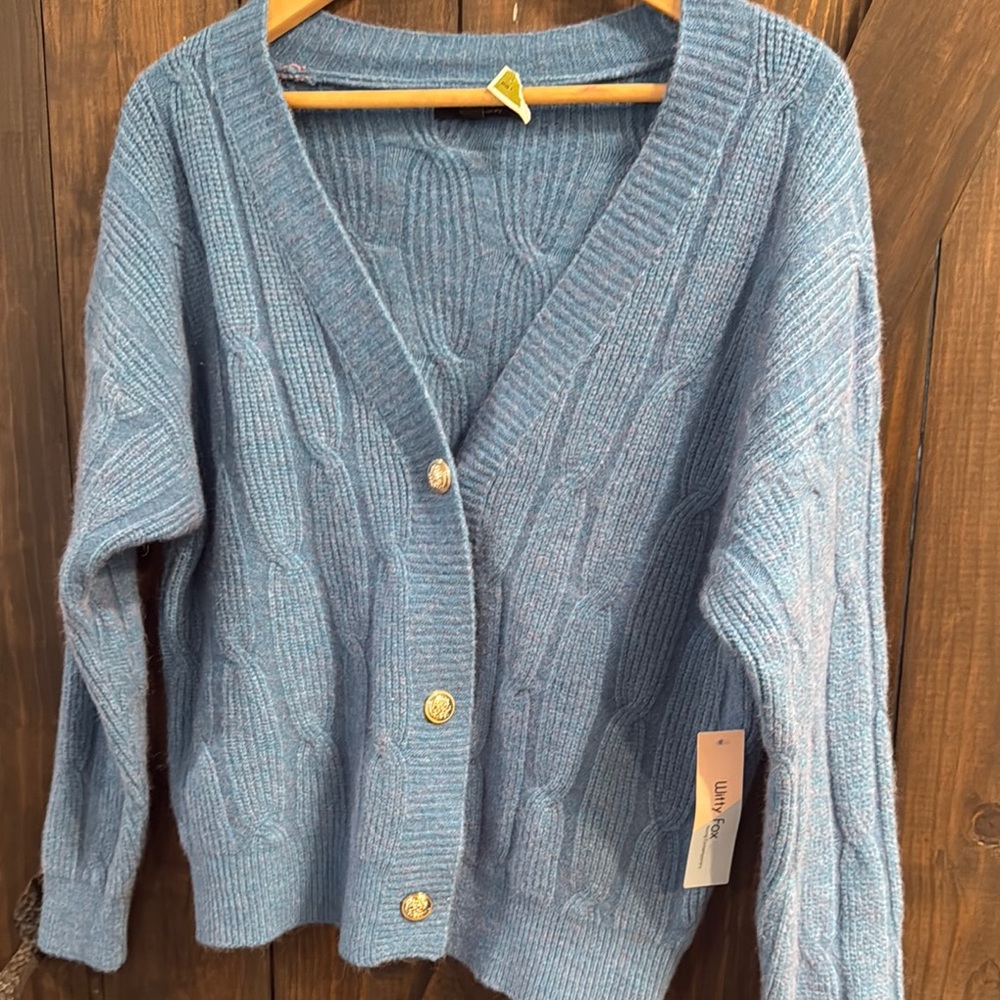 Powder Blue Cable Knit V-Neck Cardigan